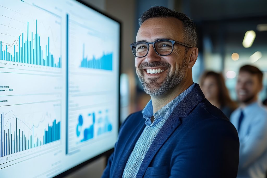 Project Scheduler stand in front of a large screen showing a graph depicting upward growth.