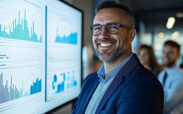 Project Scheduler stand in front of a large screen showing a graph depicting upward growth.